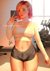  black_shorts blue_eyes breasts cellphone collarbone commentary crop_top cropped_shirt earrings english_commentary female freckles geravass gym gym_shorts hair_ornament hairclip highres holding holding_phone jewelry leaning_forward light_smile long_sleeves medium_breasts midriff navel original parted_lips patreon_logo phone pink_hair selfie shirt short_hair short_shorts shorts sleeves_past_wrists smartphone solo watermark web_address white_shirt 