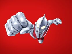  1boy alien bodysuit commentary_request foreshortening punching red_background shin_ultraman simple_background solo tk8d32 tokusatsu ultraman_(shin) white_bodysuit yellow_eyes 