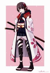  artist_name brown_hair capelet cherry_blossoms female flower hair_flower hair_ornament hand_on_own_chin haori highres japanese_clothes katana kimono leg_wrap obi original red_eyes sash short_hair short_kimono short_ponytail signature smile solo standing sword takimoto_nao weapon 