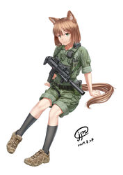  animal_ears belt brown_hair dated dog_ears dog_girl dog_tail female german_shepherd green_eyes gun gun_sling h&amp;k_mp7 highres jpc kneehighs load_bearing_vest looking_at_viewer medium_hair original pants pants_rolled_up pigeon-toed shorts_rolled_up signature simple_background sitting sleeves_rolled_up socks solo submachine_gun suppressor tail walkie-talkie weapon white_background 