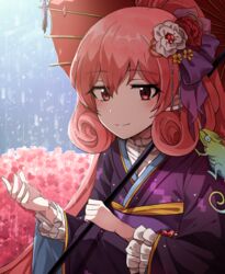  bad_id bad_pixiv_id bow chameleon closed_mouth female flower hair_flower hair_ornament hairbow highres holding holding_umbrella japanese_clothes kimono lix_(iroiro3843) long_hair neneka_(new_year)_(princess_connect!) neneka_(princess_connect!) obi oil-paper_umbrella pink_hair pointy_ears ponytail princess_connect! purple_bow purple_kimono rain red_flower sash smile solo split_mouth squatting umbrella white_flower 