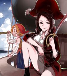  2girls bandana black_hair brown_eyes hat holding holding_sword holding_weapon idolmaster idolmaster_cinderella_girls kenrouhoro0 miniskirt multiple_girls open_mouth orange_hair pirate_costume pirate_hat ryuzaki_kaoru ship short_hair sitting skirt smile standing sword teeth telescope togo_ai upper_teeth_only watercraft weapon 