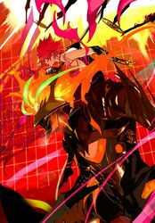  2boys absurdres armor ashwatthama_(fate) ashwatthama_(second_ascension)_(fate) chest_tattoo ddlcclia fate/grand_order fate_(series) fiery_hair fiery_wings fighting_stance glowing glowing_eye highres karna_(fate) looking_to_the_side male_focus multiple_boys official_alternate_costume pale_skin red_eyes red_hair super_karna_(fate) tattoo topless_male wings yellow_eyes 