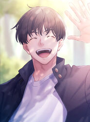  1boy :d ^_^ black_hair black_jacket closed_eyes day facing_viewer gakuran haibara_yu hand_up highres jacket jujutsu_kaisen male_focus open_mouth outdoors protected_link school_uniform shirt short_hair smile solo teeth tsuu_(tu-3) upper_body upper_teeth_only waving white_shirt 