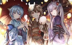  3girls ahoge bag bagged_fish blue_hair blush boo_tao_(genshin_impact) brown_hair byeoljagga copyright_name festival fish flower-shaped_pupils ganyu_(genshin_impact) genshin_impact ghost goldfish holding holding_umbrella horns hu_tao_(genshin_impact) japanese_clothes keqing_(genshin_impact) kimono korean_commentary lantern looking_at_viewer making-of_available mask multiple_girls oil-paper_umbrella purple_eyes purple_hair red_eyes sidelocks smile symbol-shaped_pupils twintails umbrella yukata 