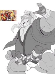  2019 anthro belly bottomwear bulge canid canine clothing goemon_(tas) humanoid_hands kusunagi lifewonders male mammal overweight overweight_anthro overweight_male raccoon_dog robe shorts simple_background solo tanuki tokyo_afterschool_summoners 