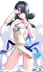  absurdres black_hair blue_eyes blue_ribbon breasts dress fate/grand_order fate/requiem fate_(series) female fundoshi highres japanese_clothes jewelry magatama magatama_hair_ornament medium_hair multicolored_hair necklace pelvic_curtain ribbon seigaiha short_dress sideboob sideless_outfit solo streaked_hair two-sided_fabric two-sided_skirt utsumi_erice white_dress yan_lie 