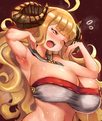  ahoge anila_(granblue_fantasy) armpits bandeau blonde_hair blush breasts detached_collar draph female granblue_fantasy hei_(heiyohei) highres horns hot huge_breasts long_hair open_mouth solo sweat upper_body very_long_hair wavy_hair yellow_eyes 