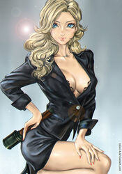  becchi_(runark) blonde_hair blue_eyes bra bra_peek breasts cleavage closed_mouth commentary commission commissioner_upload earrings explosive female formal grenade high_heels highres jewelry lipstick long_hair looking_at_viewer makeup nail_polish necklace pencil_skirt runark simple_background skirt solo suit tatti_art underwear weapon 