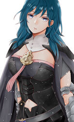  aplche armor armored_dress blue_eyes blue_hair breasts byleth_(female)_(fire_emblem) byleth_(fire_emblem) cape capelet cleavage coat commentary_request cowboy_shot detached_collar expressionless female fire_emblem fire_emblem:_three_houses gauntlets lips long_hair looking_at_viewer medium_breasts medium_hair midriff navel shoulder_armor simple_background solo tassel teacher turtleneck vambraces white_background 