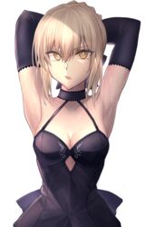  armpits arms_behind_head arms_up artoria_pendragon_(fate) black_dress black_gloves black_ribbon blonde_hair breasts clothing_cutout diamond_cutout dress elbow_gloves fate/grand_order fate_(series) female gloves hair_ribbon highres kaze_minoru_so-ru ribbon saber_alter sleeveless sleeveless_dress small_breasts solo upper_body yellow_eyes 