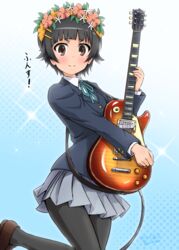  black_hair black_pantyhose blazer blue_background blue_jacket brown_eyes commentary_request cosplay cowboy_shot diesel-turbo electric_guitar female gradient_background grey_skirt guitar head_wreath highres hirasawa_yui hirasawa_yui_(cosplay) instrument jacket k-on! looking_at_viewer pantyhose sakuragaoka_high_school_uniform school_uniform short_hair skirt solo standing standing_on_one_leg toaru_kagaku_no_railgun toaru_majutsu_no_index toyosaki_aki uiharu_kazari voice_actor_connection winter_uniform 