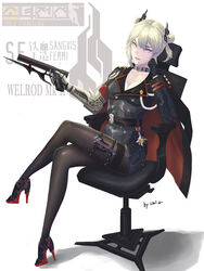  alternate_uniform artist_name black_footwear black_gloves black_pantyhose bolt_action breasts character_name choker cleavage closed_mouth copyright_name crossed_legs double_bun female girls&#039;_frontline gloves grey_eyes gun hair_bun hair_ornament hand_on_own_head handgun high_heels highres holding holding_gun holding_weapon korean_commentary logo looking_at_viewer mechanical_arms medium_breasts medium_hair pantyhose platinum_blonde_hair sangvis_ferri single_glove single_mechanical_arm sitting solo un_lim uniform weapon welrod welrod_mkii_(girls&#039;_frontline) 