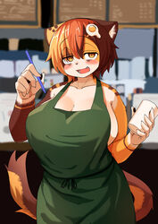  2022 5_fingers absurd_res accessory anthro apron apron_only big_breasts blush breasts brown_body brown_fur brown_hair calico_cat claws cleavage clothed clothing container cup cute_fangs digital_media_(artwork) domestic_cat felid feline felis female female_anthro finger_claws fingers fur green_apron green_clothing hair hair_accessory half-closed_eyes half-length_portrait hi_res holding_container holding_cup holding_object holding_pen huge_breasts i_mean_breast_milk kagarimachi_ame kemono looking_at_viewer mammal meme mostly_nude mottled multicolored_body multicolored_fur multicolored_hair multicolored_tail narrowed_eyes nekotsuki_kohime open_mouth orange_body orange_eyes orange_fur orange_hair pawpads pen piebald portrait short_hair solo tail tongue white_body white_fur writing_utensil 