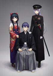  1boy 2girls :3 black_hair blue_eyes blush boots bow braid commentary_request floral_print gloves green_eyes grey_hair hair_between_eyes hair_ornament hairbow hairclip hakama hakama_skirt hand_fan hand_on_another&#039;s_shoulder haori hat high_heels highres higuchi_kaede higuchi_kaede_(8th_costume) japanese_clothes katana kath kenmochi_touya kenmochi_touya_(6th_costume) kimono long_hair long_skirt looking_at_viewer medal mole mole_under_eye multiple_girls nijisanji pleated_skirt purple_eyes purple_hair sandals sheath sheathed sitting skirt smile sweatdrop sword tsukino_mito tsukino_mito_(4th_costume) twin_braids very_long_hair virtual_youtuber weapon white_gloves white_legwear 