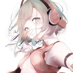  absurdres arm_belt armpit_peek bad_id bad_pixiv_id bare_shoulders breasts brown_hair brown_vest chunithm collarbone commentary_request female headphones highres kisaragi_yaya light_smile looking_at_viewer open_clothes open_vest parted_lips partial_commentary pink_eyes ribbon short_hair sideways_glance simple_background sky_feather_(chunithm) small_breasts solo translucent_hair upper_body vest white_background white_ribbon wing_collar 