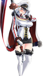  absurdres anchor azur_lane black_skirt blue_eyes boots breasts cape female flag fur-trimmed_boots fur-trimmed_cape fur_trim gloves hair_between_eyes hat hey_taisyou high_collar highres holding holding_flag imperial_war_flag jacket medium_breasts medium_hair military_hat peaked_cap pencil_skirt red_cape simple_background skirt thigh_boots thighhighs tirpitz_(azur_lane) two-tone_cape white_background white_cape white_footwear white_gloves white_hair white_headwear white_jacket wing_collar 