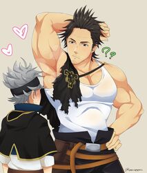  2boys ? age_difference armpits asta_(black_clover) bara bare_shoulders black_bulls_(emblem) black_capelet black_clover black_hair black_pants blush bulge capelet commentary facial_hair grey_hair headband kaiki_(osuppai) male_focus mature_male multiple_boys muscular muscular_male onii-shota pants pectoral_cleavage pectorals short_hair sideburns sidepec smelling_armpit stubble symbol-only_commentary tank_top torn_capelet torn_clothes white_tank_top yami_sukehiro yaoi 