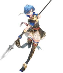  alternate_costume armor belt blue_eyes blue_hair blue_thighhighs boots breastplate dress elbow_gloves feather_trim female fingerless_gloves fingernails fire_emblem fire_emblem:_the_binding_blade fire_emblem_heroes full_body gloves gold_trim highres holding holding_weapon leg_up miwabe_sakura non-web_source official_art open_mouth polearm shanna_(fire_emblem) short_dress short_hair short_sleeves shoulder_armor skirt smile solo spear thigh_boots thighhighs transparent_background weapon zettai_ryouiki 