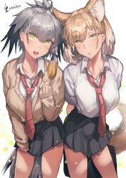  2girls :d absurdres alternate_costume animal_ear_fluff animal_ears arms_behind_back bird_tail black_hair black_skirt blonde_hair breasts buttons cardigan collarbone collared_shirt commentary_request extra_ears fox_ears fox_girl fox_tail green_eyes grey_hair hair_between_eyes hand_up head_tilt heads_together highres iparupua kemono_friends large_breasts leaning_forward long_hair long_sleeves looking_at_viewer medium_hair miniskirt multicolored_hair multiple_girls necktie open_mouth parted_lips red_necktie shirt shoebill_(kemono_friends) short_sleeves shoulder-to-shoulder side-by-side side_ponytail skirt smile straight-on tail taut_clothes tibetan_fox_(kemono_friends) white_shirt wing_collar 