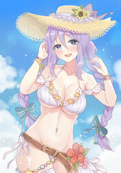  :d bare_shoulders belt bikini black_ribbon blue_eyes blush bow bracelet braid breasts cleavage cloud collarbone commentary constricted_pupils contrapposto cowboy_shot eyelashes female flower flower_bracelet flower_trim hair_between_eyes hairbow hat hat_flower hat_ribbon hibiscus jewelry kohana_(princessxhana) lace_trim large_breasts long_bangs long_hair looking_at_viewer navel off-shoulder_bikini off_shoulder open_mouth outdoors princess_connect! purple_hair ribbon shizuru_(princess_connect!) shizuru_(summer)_(princess_connect!) side-tie_bikini_bottom sky smile solo standing straw_hat sunflower swimsuit thigh_strap twin_braids wet white_bikini 