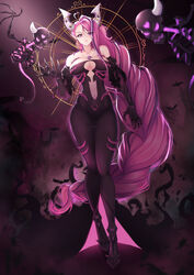  absurdly_long_hair absurdres ahoge artist_name black_dress black_gloves breasts demon_girl demon_horns dress earrings elbow_gloves female gloves heart heart_ahoge highres horns ironmouse ironmouse_(underworld_goddess) jewelry large_breasts long_hair long_legs looking_at_viewer multicolored_hair navel official_alternate_costume pink_eyes pink_hair pointy_ears purple_hair single_earring skeleton streaked_hair third_eye third_eye_on_chest very_long_hair virtual_youtuber vshojo yiotaart 