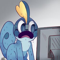  1:1 2019 ambiguous_gender anthro anthrofied blue_eyes bodily_fluids computer d: electronics generation_8_pokemon grey_background membrane_(anatomy) meme nintendo nude open_mouth pokemon pokemon_(species) reaction_image scalie shocked simple_background sobble solo sweat tongue wheatleygrim yellow_membrane 