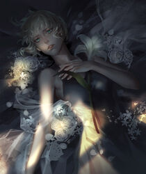  akakokko_(niro_azarashi) birdmen black_dress blonde_hair dress earrings female flower hand_on_own_chest jasmine_(flower) jewelry lily_(birdmen) lily_(flower) lying on_back open_mouth parted_lips rose sleeveless sleeveless_dress white_flower white_rose 