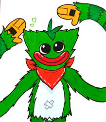  2022 animate_inanimate bandana belly fan_character fur glury_the_unown gnarly_charly_(character) green_body green_fur hair hi_res humanoid kerchief living_plushie long_arms looking_at_viewer male mob_entertainment mohawk monster neckwear neckwear_only plushie poppy_playtime simple_background slim smile solo spiky_hair toy traditional_media_(artwork) white_background white_belly 