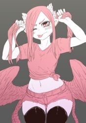  adjusting_hair belt breasts colored_skin cowboy_shot denim denim_shorts feathered_wings female grey_background hair_over_one_eye highres limited_palette long_hair musuko_ga_kawaikute_shikatanai_mazoku_no_hahaoya one_eye_closed pink_belt pink_eyes pink_hair pink_shirt pink_shorts pink_wings pun shirt shorts small_breasts solo thighhighs thighs tongue valentine valentine_(mazohaha) white_skin wings zyugoya 