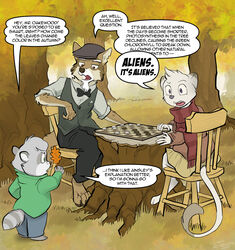  2019 4_toes age_difference ainsley_(tamberlane) anthro asking asking_another asking_how autumn barefoot black_pawpads bow_(feature) bow_tie brown_body brown_fur canid canine canis chair checkerboard_(object) checkers claude_oakewood claws clothing conditional_dnp conjoined_speech_bubble coyote dialogue domestic_ferret english_honorific english_text explaining eyewear feet female fur furniture glasses grass grey_body grey_fur group hat headgear headwear hi_res holding_leaf honorific jonas jonas_(character) leaf male mammal mustelid musteline name_drop name_in_dialogue open_mouth outside pawpads plant procyonid question raccoon scarf speech_bubble tag_question talking_to_another tamberlane_(comic) tan_body tan_fur text toes tree tree_stump trio true_musteline weasel white_body white_fur yes-no_question young 