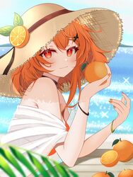  bracelet choker closed_mouth female food fruit hair_ornament hairclip hat highres indie_virtual_youtuber jewelry kaheru_(vtuber) looking_at_viewer mark_bm28 medium_hair orange_(fruit) orange_eyes orange_hair orange_nails smile solo straw_hat upper_body virtual_youtuber 