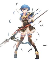  alternate_costume armor belt blue_eyes blue_hair blue_thighhighs boots breastplate broken broken_weapon dress elbow_gloves feather_trim female fingerless_gloves fingernails fire_emblem fire_emblem:_the_binding_blade fire_emblem_heroes full_body gloves gold_trim highres holding holding_weapon looking_away miwabe_sakura non-web_source official_art open_mouth polearm shanna_(fire_emblem) short_dress short_hair short_sleeves shoulder_armor skirt solo spear thigh_boots thighhighs torn_clothes transparent_background weapon zettai_ryouiki 