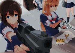  4girls ahoge ammunition assault_rifle black_serafuku blue_eyes braid brown_hair bullet commentary_request earplugs fingerless_gloves gloves gun hair_flaps hair_ornament hair_over_shoulder hair_ribbon hairclip handgun holding holding_gun holding_weapon kantai_collection long_hair m4_carbine multiple_girls natsukaze_shigure neckerchief pleated_skirt red_neckerchief reloading revolver ribbon rifle school_uniform serafuku shigure_(kancolle) shigure_kai_ni_(kancolle) shooting_range sig_p228/p229 sig_sauer single_braid skirt target_practice weapon yuudachi_(kancolle) yuudachi_kai_ni_(kancolle) 