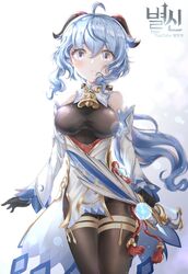  ahoge amos&#039;_bow_(genshin_impact) bare_shoulders bell black_gloves black_legwear blue_hair blush bow_(weapon) breasts byeoljagga copyright_name detached_sleeves female ganyu_(genshin_impact) genshin_impact gloves gold_trim highres holding holding_bow_(weapon) holding_weapon horns korean_commentary long_hair looking_at_viewer making-of_available medium_breasts neck_bell parted_lips purple_eyes sidelocks solo standing tassel thighlet thighs weapon white_sleeves 