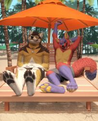  4_toes 5_fingers anthro barefoot beach black_pawpads canid canine canis claws closed_eyes dannydumal day detailed_background duo eyebrows eyelashes feet fingers fox fur hi_res kero_tzuki lightsongfox male mammal open_mouth outside pawpads paws purple_body purple_fur red_body red_fur sand seaside sky soles stretching tan_body tan_fur teeth toes tongue white_body white_fur wolf yellow_pawpads 