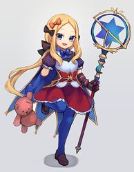  :d abigail_williams_(fate) blonde_hair blue_eyes blue_gloves blue_pantyhose blush breasts brown_dress cape cosplay dress elbow_gloves fate/grand_order fate_(series) female forehead full_body gloves highres leonardo_da_vinci_(fate) leonardo_da_vinci_(rider)_(fate) leonardo_da_vinci_(rider)_(fate)_(cosplay) long_hair looking_at_viewer miya_(miyaruta) open_mouth pantyhose parted_bangs ponytail puff_and_slash_sleeves puffy_short_sleeves puffy_sleeves red_skirt short_sleeves skirt small_breasts smile solo staff stuffed_animal stuffed_toy teddy_bear 