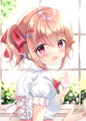  blush bow bowtie breasts collar compact_(cosmetics) criss-cross_back-straps female frilled_collar frills hair_ornament hair_ribbon hairbow hairclip high-waist_skirt highres holding_compact indoors light_brown_hair looking_at_viewer looking_to_the_side miwa_uni open_mouth original ponytail powder_puff puffy_short_sleeves puffy_sleeves red_bow red_bowtie red_eyes ribbon shirt short_sleeves sidelocks skirt small_breasts solo sunlight upper_body white_shirt window 