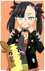  aqua_eyes asymmetrical_bangs black_choker black_hair black_jacket blush border choker closed_mouth commentary dress earrings female fingersmile hair_ribbon highres jacket jewelry long_sleeves looking_at_viewer marnie_(pokemon) medium_hair morpeko morpeko_(full) natsume_mina outside_border pendant pink_background pink_dress pokemon pokemon_(creature) pokemon_swsh red_ribbon ribbon smile standing sweatdrop twintails white_border 