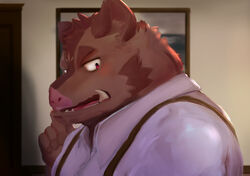  2021 anthro brown_body brown_fur bust_portrait clothing fur hermann_(knights_college) hi_res humanoid_hands inside kemono knights_college male mammal portrait shirt sira_takikkaka solo suid suina sus_(pig) topwear wild_boar 