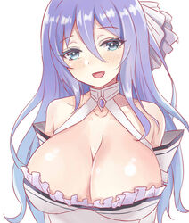  :d arms_up bare_shoulders blue_eyes blush breasts cleavage collarbone commentary_request constricted_pupils detached_sleeves eyelashes female forehead frills hair_between_eyes hair_ornament halterneck huge_breasts kohana_(princessxhana) long_hair looking_at_viewer multicolored_hair open_mouth princess_connect! purple_hair shizuru_(princess_connect!) simple_background smile solo streaked_hair two-tone_hair upper_body white_background 