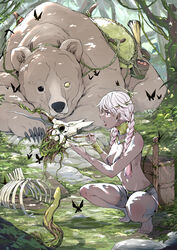  animal_skull barefoot bear bone braid breasts brushing_another&#039;s_teeth bucket bug butterfly chicke_iii commentary dark_skin day earrings female forest highres holding holding_skull holding_toothbrush jewelry medium_breasts nature navel necklace open_mouth original pink_hair plant red_eyes ribs rock saddle short_shorts shorts skull snake squatting stud_earrings toothbrush torn torn_clothes torn_shorts tree twin_braids unicorn veins vines witch 