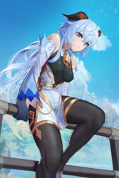  absurdres bad_id bad_pixiv_id bare_shoulders bell black_gloves black_legwear blue_hair blue_sky breasts chinese_knot cloud curled_horns day detached_sleeves female fence ganyu_(genshin_impact) genshin_impact gloves gold_trim guegue highres horns light_smile long_hair looking_at_viewer medium_breasts mountain multicolored_eyes neck_bell outdoors pelvic_curtain scenery sidelocks sitting sitting_on_fence sky solo thighlet thighs very_long_hair white_sleeves 