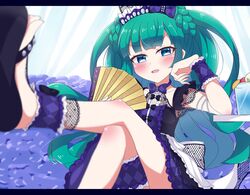  absurdres back_bow bare_legs black_bow blue_eyes blush bow crossed_legs cup drink drinking_glass female green_hair highres kiratto_pri_chan long_hair maid_headdress meiji_(meizi493) platform_footwear pretty_series pripara ribbon sandals summer_maid_coord tsukikawa_chili wedge_heels 