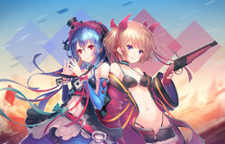  2girls bad_id bad_pixiv_id bare_shoulders belt belt_buckle bikini bikini_under_clothes black_bikini black_dress black_headwear black_shorts blue_bow blue_eyes blue_hair blue_sleeves blush bow breasts buckle closed_mouth commentary_request copyright_request detached_sleeves dress fur-trimmed_shorts fur_trim gun hair_between_eyes hair_ribbon hairband hands_up hat highleg highleg_bikini holding holding_gun holding_weapon jacket light_brown_hair lolita_hairband long_hair long_sleeves looking_at_viewer mini_hat mini_top_hat multiple_girls navel off_shoulder open_clothes open_fly open_jacket open_shorts parted_lips red_belt red_eyes red_jacket red_ribbon ribbon shorts skindentation small_breasts smile swimsuit tanaka_ken&#039;ichi tilted_headwear top_hat twintails very_long_hair weapon wide_sleeves wrist_cuffs 