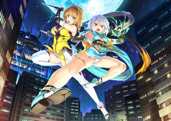  2girls bare_legs black_gloves black_scarf blue_eyes brown_hair building choukou_sennin_haruka elbow_gloves escalation_heroines fingerless_gloves fishnets gin_(ginshari) gloves hair_intakes hairband ikusabe_inori moon multiple_girls night night_sky ninja official_art onigirikun panties purple_hair red_eyes scarf short_hair sky takamori_haruka thighhighs underwear white_legwear white_panties 