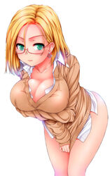  blonde_hair bottomless breasts breasts_squeezed_together claudia_madobe cleavage covering_crotch covering_privates dress_shirt earrings female glasses green_eyes jewelry large_breasts leaning_forward microsoft microsoft_windows orange_shirt os-tan red-framed_eyewear semi-rimless_eyewear shirt shirt_tug short_hair simple_background solo sweater under-rim_eyewear white_background yoshida_inuhito 