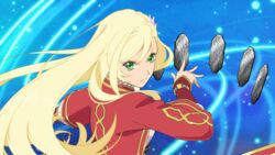  artist_request blonde_hair blue_background closed_mouth female green_eyes long_hair mileena_weiss official_art serious solo tales_of_(series) tales_of_the_rays upper_body 