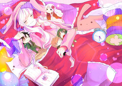  bad_id bad_pixiv_id bed blanket blush blush_stickers book clock closed_eyes closed_mouth doll female highres kagerou_project kano_shuuya kido_tsubomi kozakura_marry kozakura_shion long_hair nerunekoneru open_book pink_hair seto_kousuke sleeping smile 