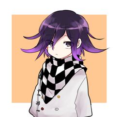  1boy checkered_clothes checkered_scarf commentary_request danganronpa_(series) danganronpa_v3:_killing_harmony looking_at_viewer male_focus medium_hair oma_kokichi purple_eyes purple_hair scarf simple_background solo straitjacket tumai_(touue11) upper_body 